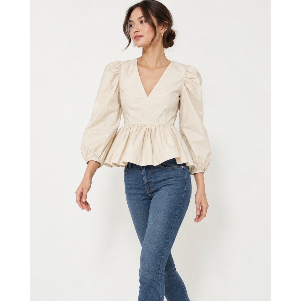Tuckernuck Hyacinth House Elaine Blouse XS Tan Puff Sleeve Peplum Cottage V-Neck